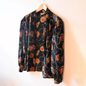 Vintage Marlis Secretary Blouse Black Retro Chain Print Pattern 12